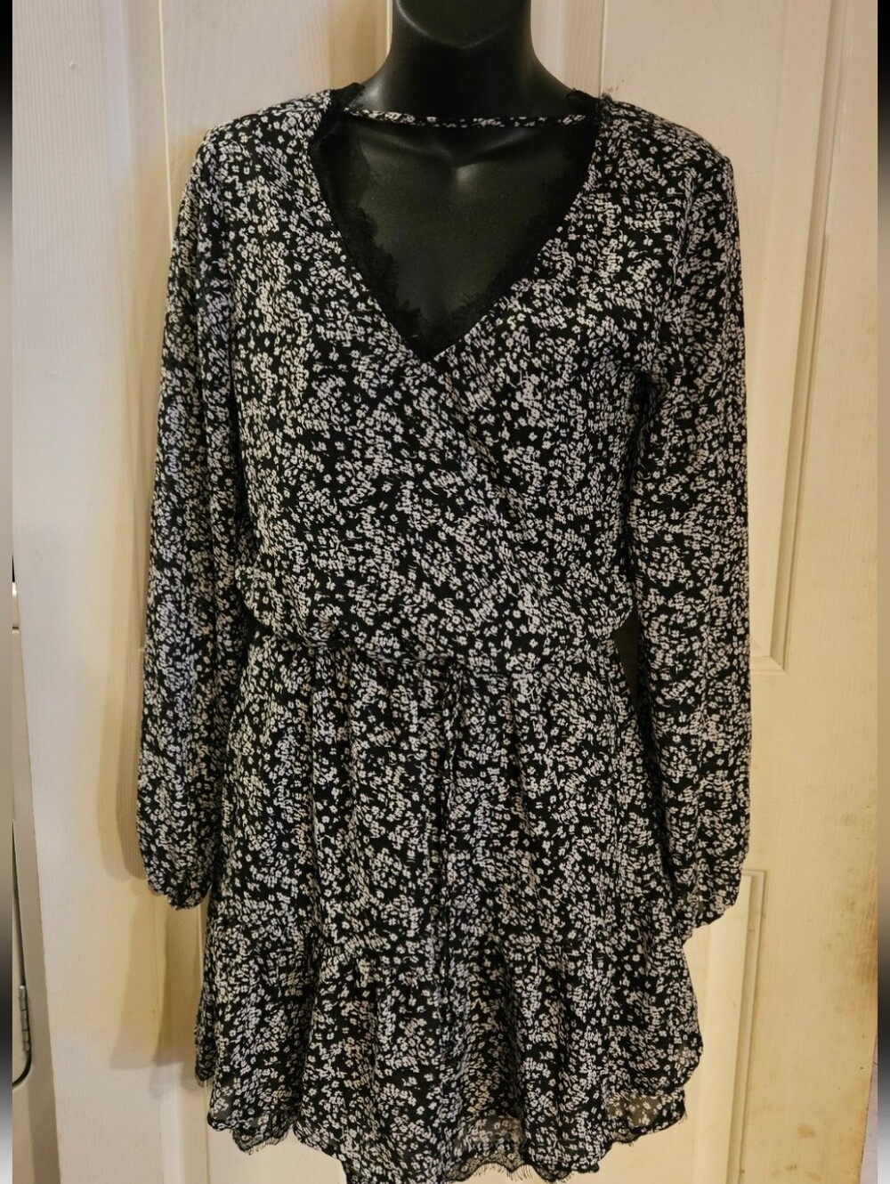 Maurices Black and White Floral Wrap-Style Long Sleeve Dress
